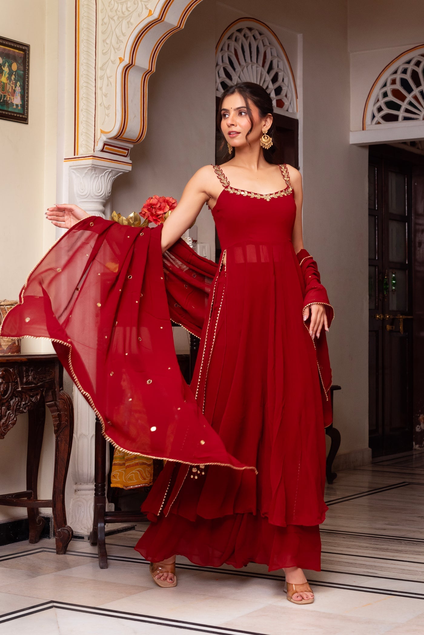 Red Hand Mirror Work Anarkali Set