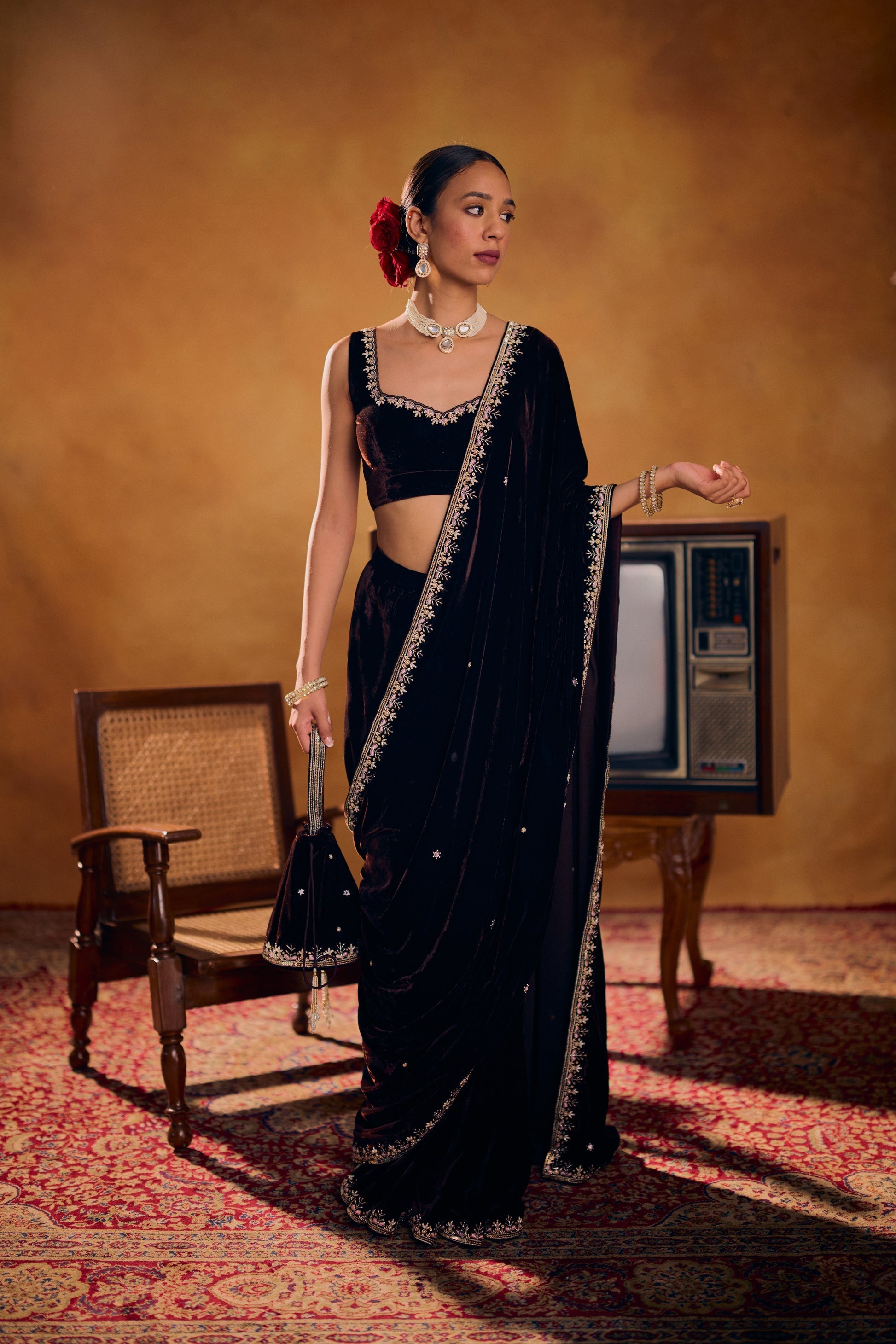 Nusrat Luxury Soft Velvet Saree Set with Zari & Embroidery