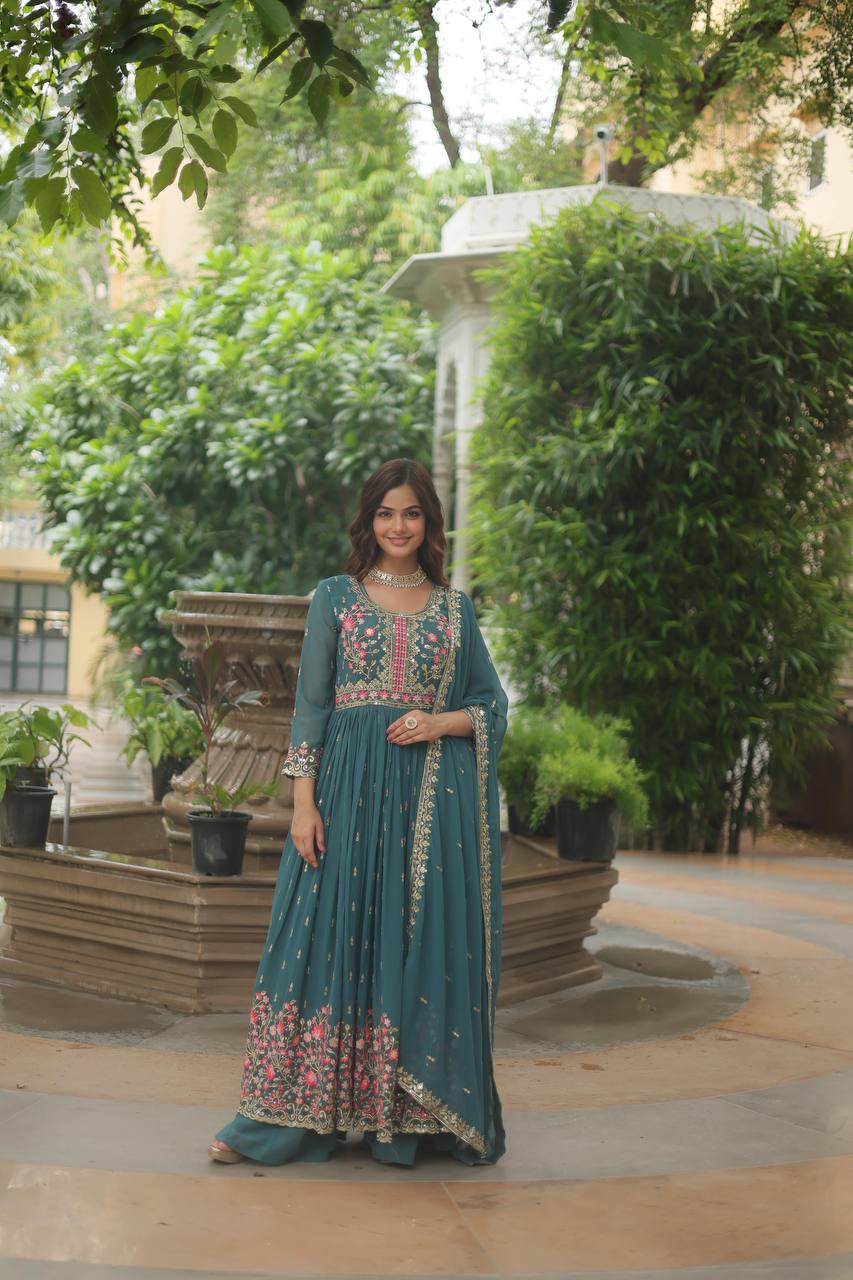 Breathtaking Faux Georgette Rich Sequins Embroidered Top Sharara Suit - INDIAN ELEGANCE