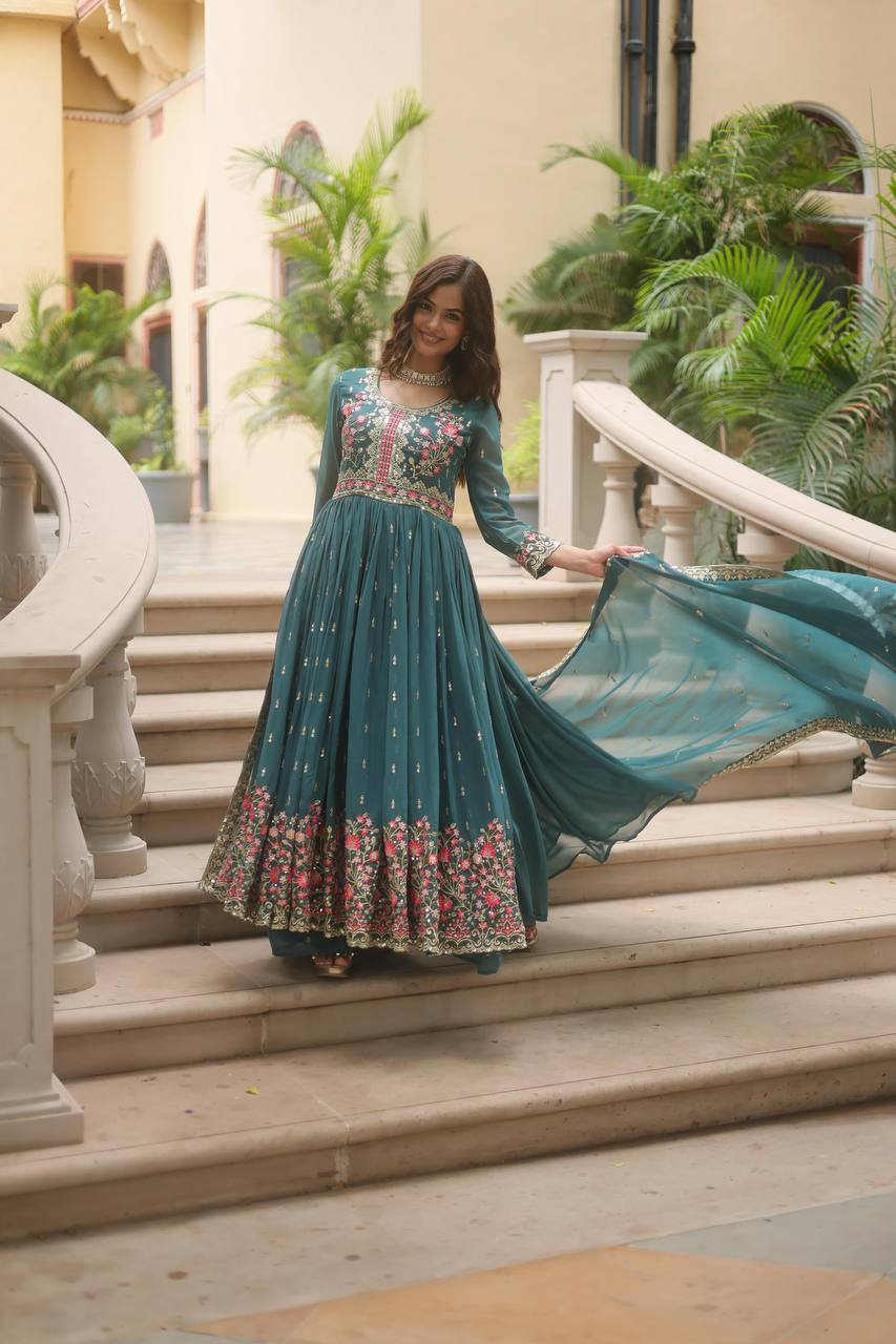 Breathtaking Faux Georgette Rich Sequins Embroidered Top Sharara Suit - INDIAN ELEGANCE