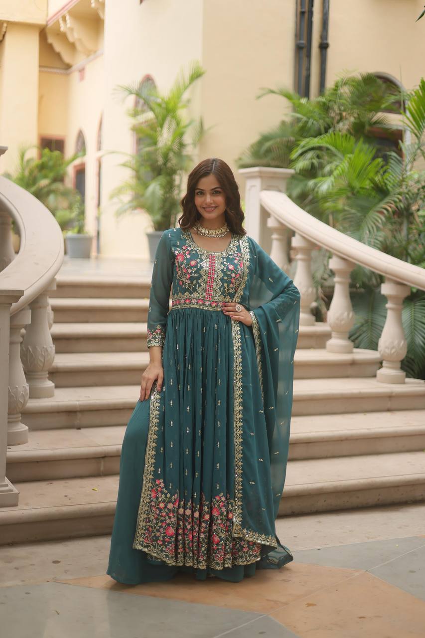 Breathtaking Faux Georgette Rich Sequins Embroidered Top Sharara Suit - INDIAN ELEGANCE