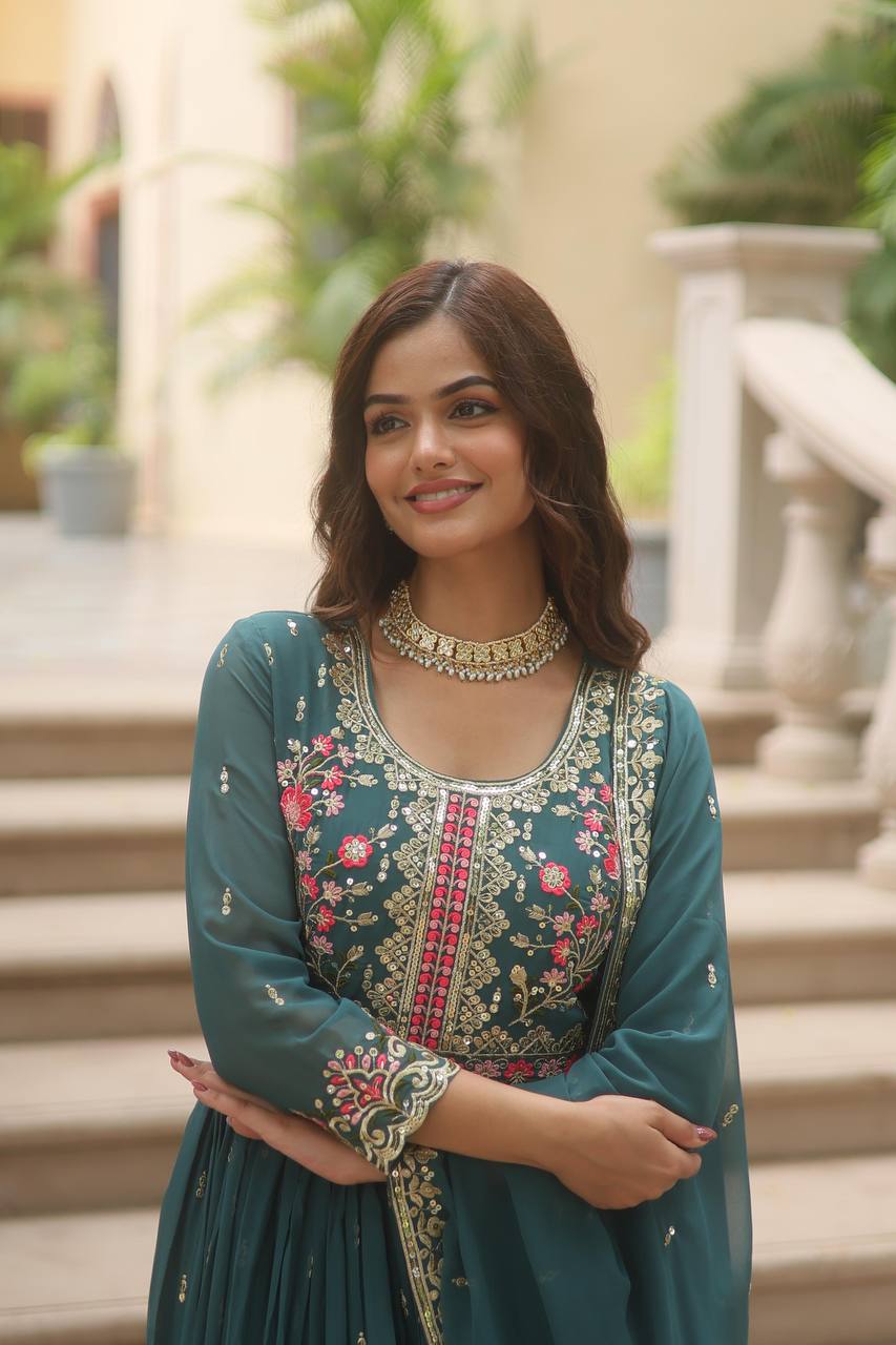 Breathtaking Faux Georgette Rich Sequins Embroidered Top Sharara Suit - INDIAN ELEGANCE