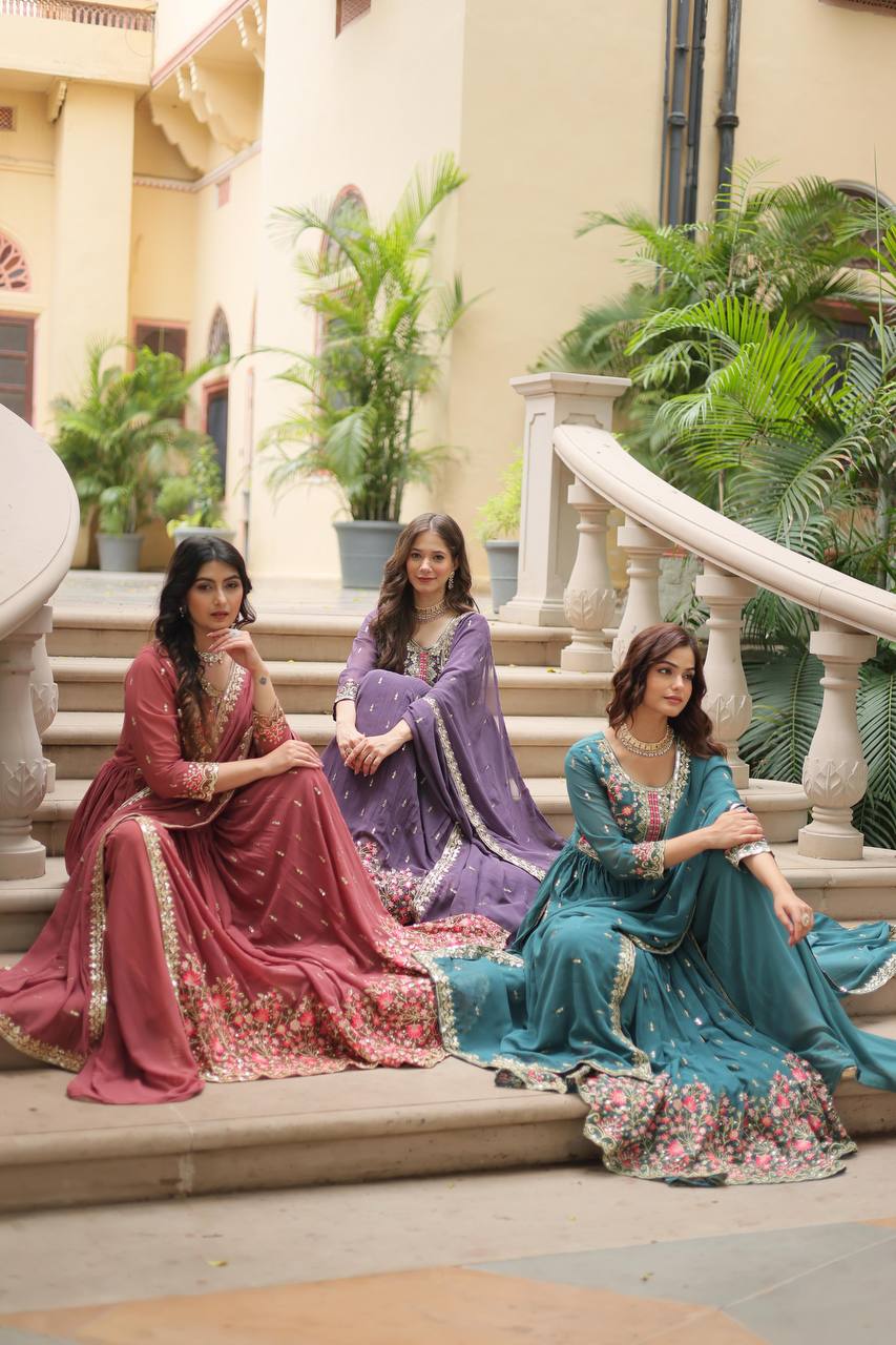 Breathtaking Faux Georgette Rich Sequins Embroidered Top Sharara Suit - INDIAN ELEGANCE