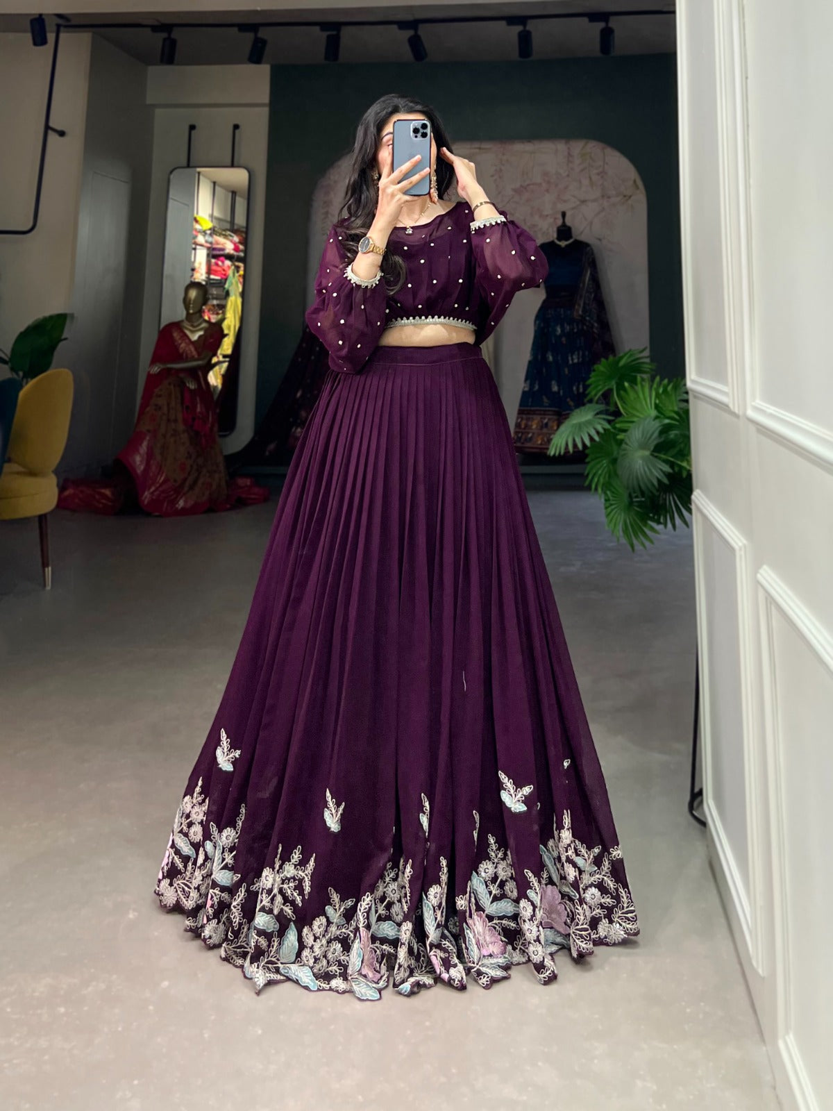 Elegant Georgette Sequins Butti Lace Border Worked Top Lehenga Set - INDIAN ELEGANCE
