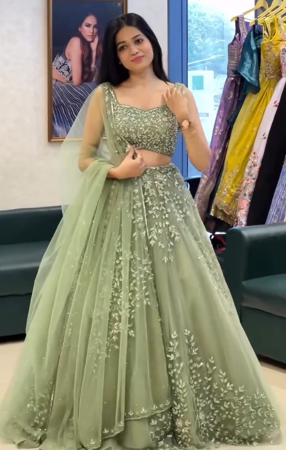 Soft Net Pista Green Color Lehenga Choli Set